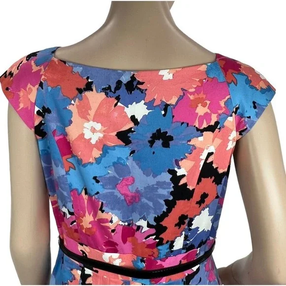 JAX Colorful Floral Print Belted Cap Sleeve Dress Sz 8 Paneled Skirt - Picture 9 of 13
